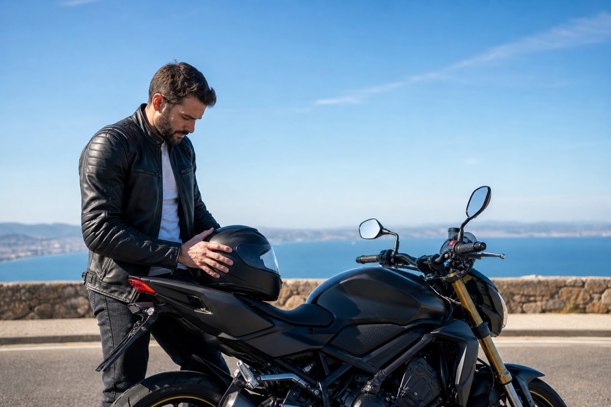 homme moto garée bord de mer