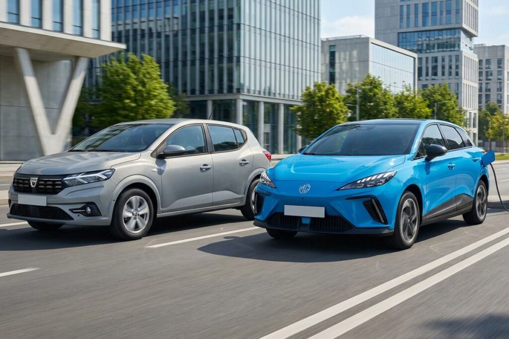Une Dacia Sandero grise et une MG4 bleue roulant côte à côte près d'une borne de recharge électrique.