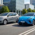 Une Dacia Sandero grise et une MG4 bleue roulant côte à côte près d'une borne de recharge électrique.