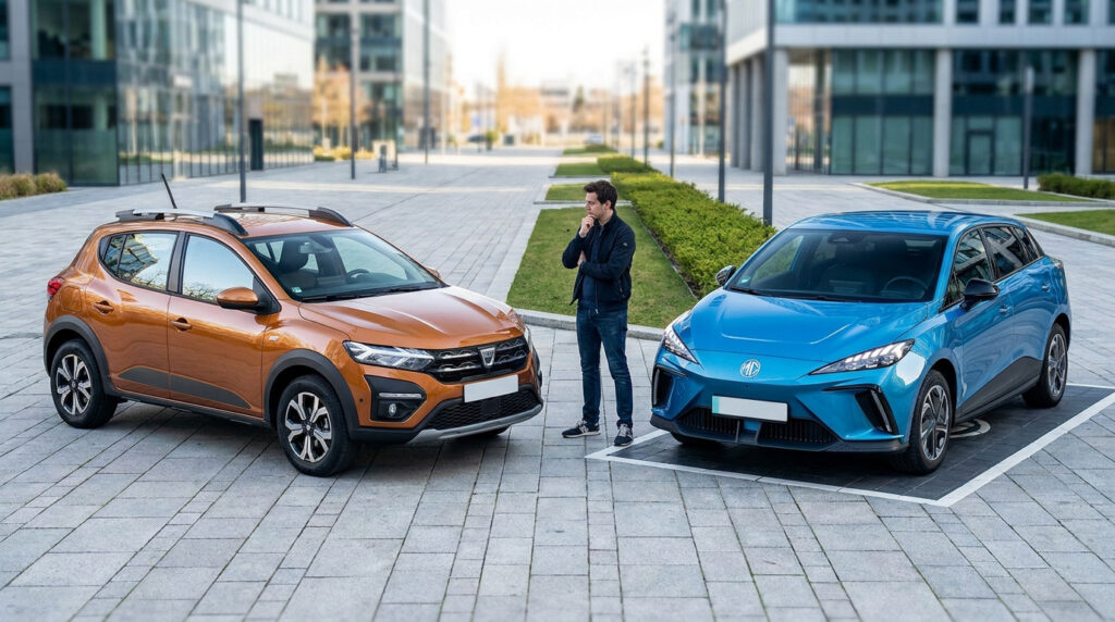 Un homme hésite entre une Dacia Sandero orange et une MG4 bleue garées sur une place pavée en ville.