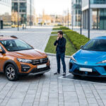 Un homme hésite entre une Dacia Sandero orange et une MG4 bleue garées sur une place pavée en ville.
