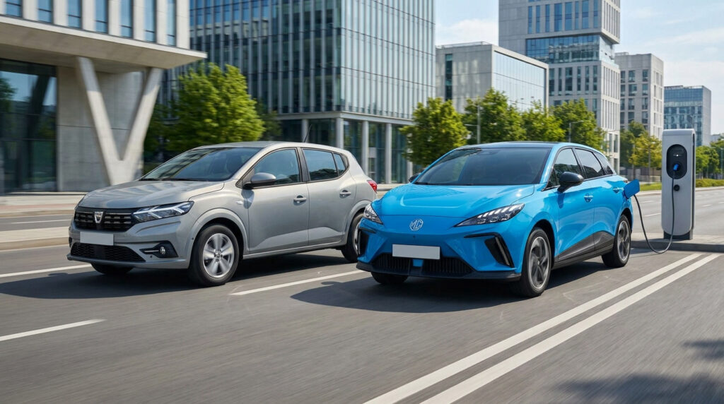 Une Dacia Sandero grise et une MG4 bleue roulant côte à côte près d'une borne de recharge électrique.