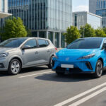 Une Dacia Sandero grise et une MG4 bleue roulant côte à côte près d'une borne de recharge électrique.