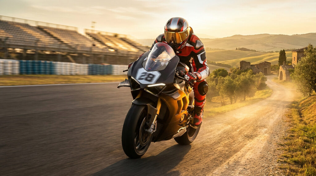 Pilote de moto en équipement complet sur une sportive noire numéro 28 au coucher du soleil.