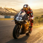 Pilote de moto en équipement complet sur une sportive noire numéro 28 au coucher du soleil.