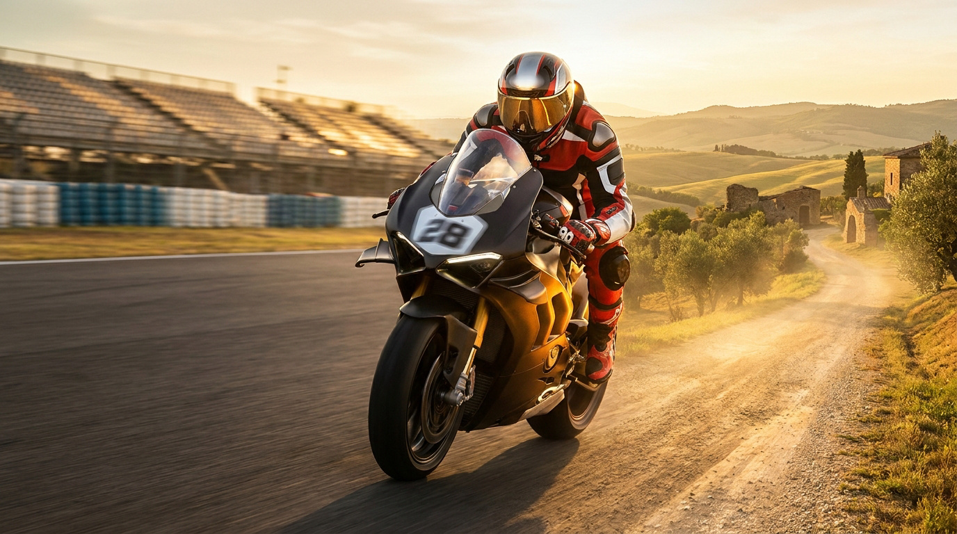 Pilote de moto en équipement complet sur une sportive noire numéro 28 au coucher du soleil.