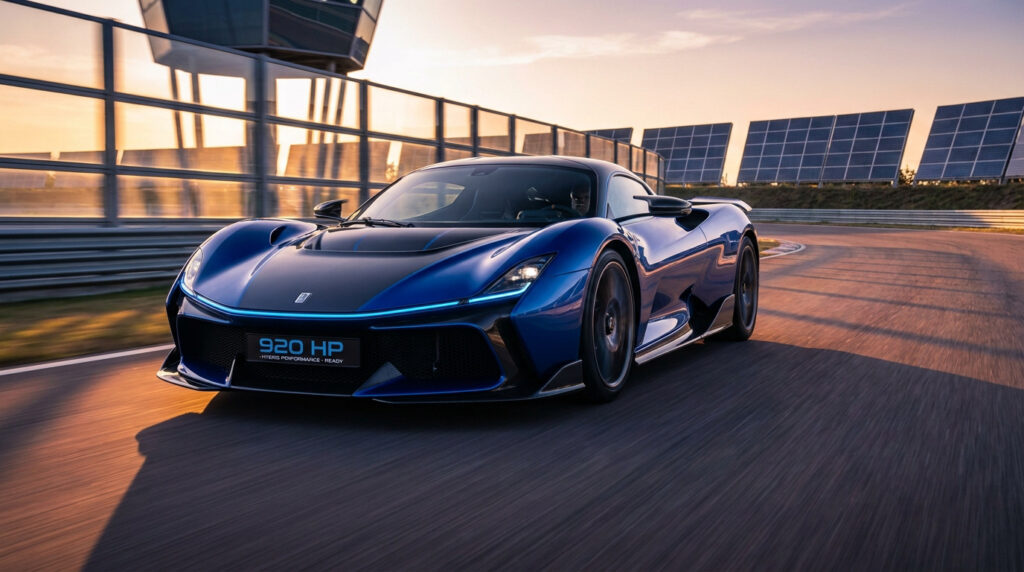 La Lamborghini Temerario bleue roule à vive allure sur un circuit automobile au coucher du soleil.