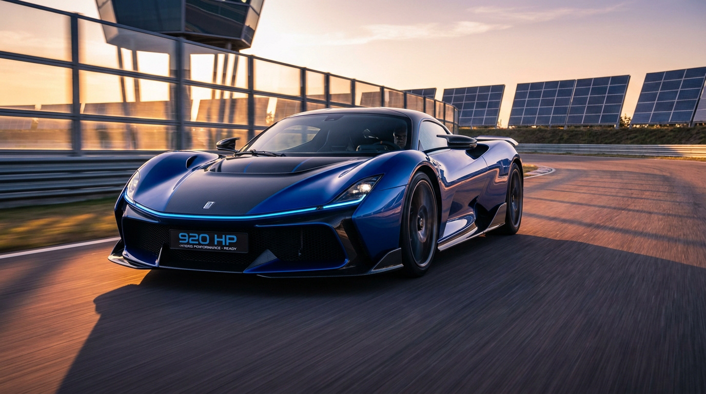 La Lamborghini Temerario bleue roule à vive allure sur un circuit automobile au coucher du soleil.