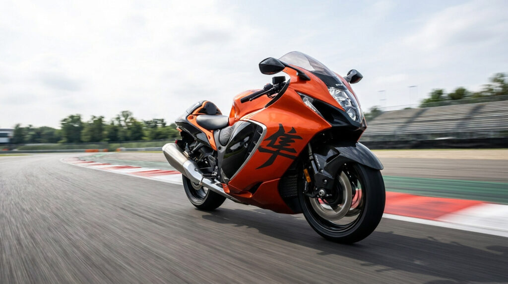 Une moto sportive Suzuki Hayabusa orange et noire roulant à vive allure sur un circuit de course.