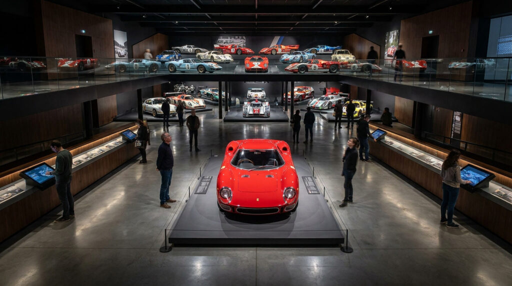 Vue plongeante sur le musée des 24 Heures du Mans avec des voitures de course exposées sur deux niveaux.