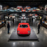 Vue plongeante sur le musée des 24 Heures du Mans avec des voitures de course exposées sur deux niveaux.