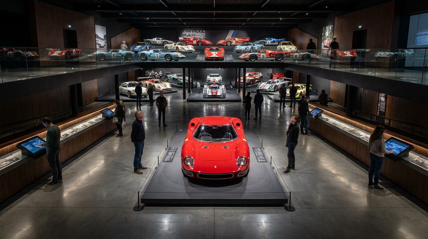 Vue plongeante sur le musée des 24 Heures du Mans avec des voitures de course exposées sur deux niveaux.