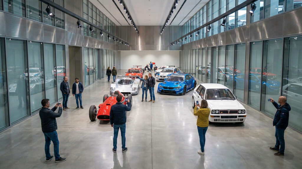 Des visiteurs photographient une collection de voitures de course légendaires dans un garage moderne et lumineux au Mans.