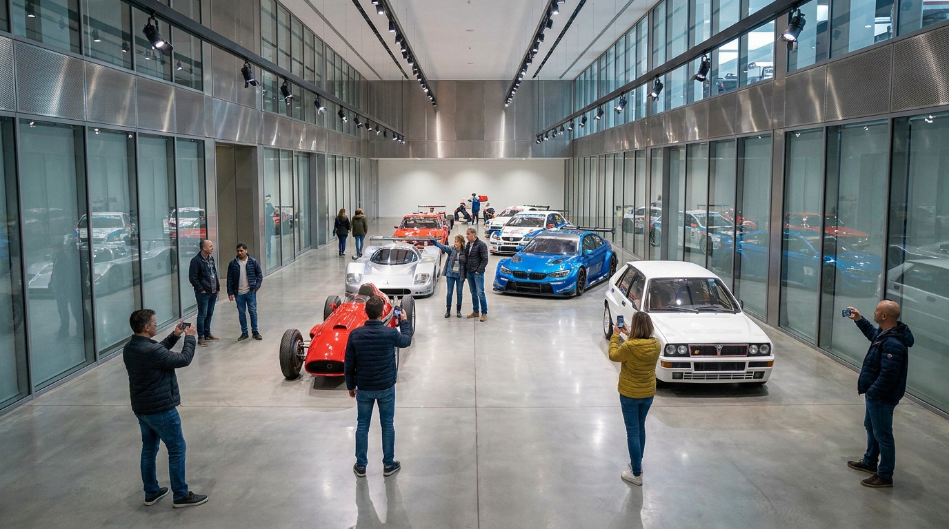 Des visiteurs photographient une collection de voitures de course légendaires dans un garage moderne et lumineux au Mans.