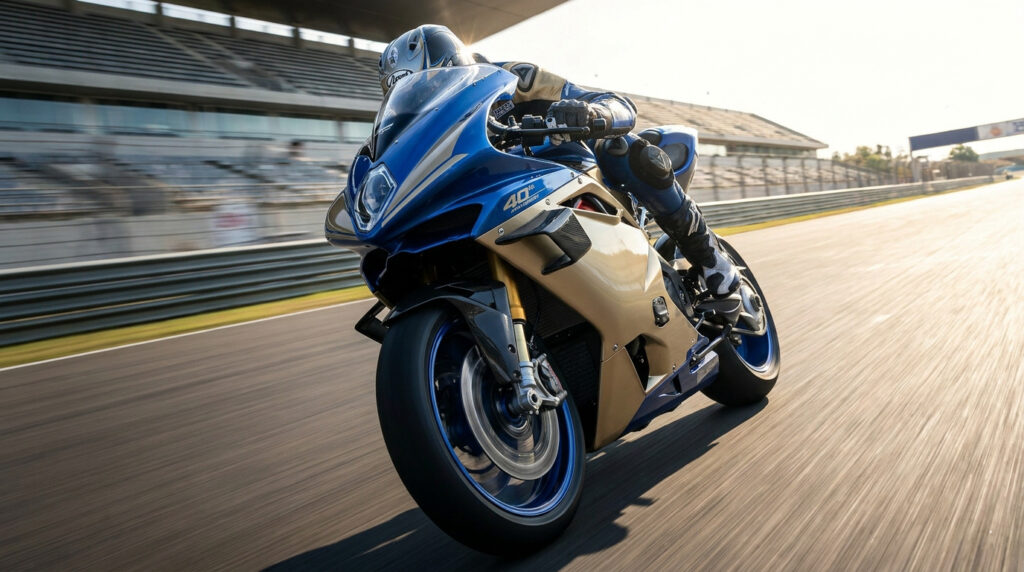 Motocycliste pilotant une Suzuki GSX-R1000R bleue et dorée sur un circuit de course sous un soleil éclatant.