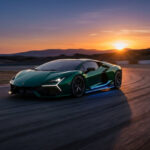 Lamborghini Temerario verte roulant sur un circuit de course au coucher du soleil.