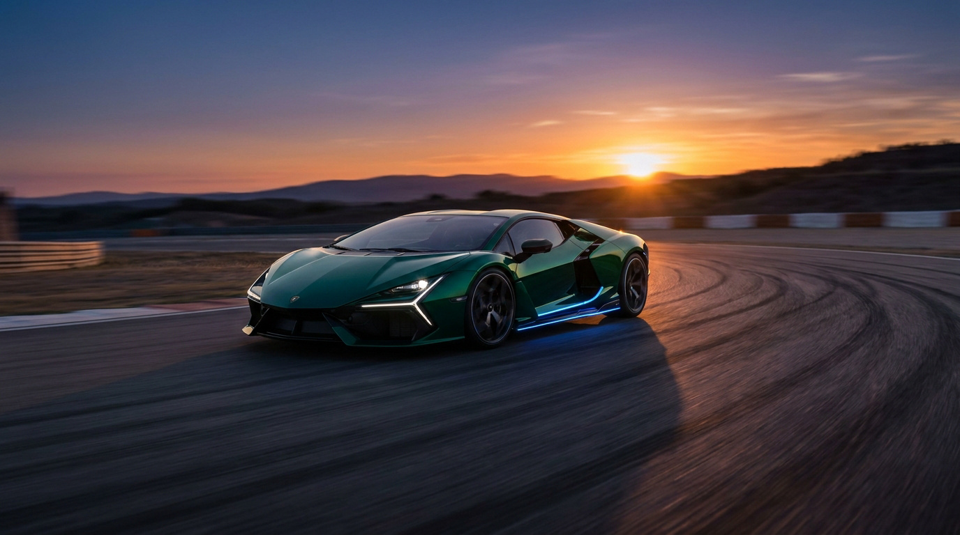 Lamborghini Temerario verte roulant sur un circuit de course au coucher du soleil.