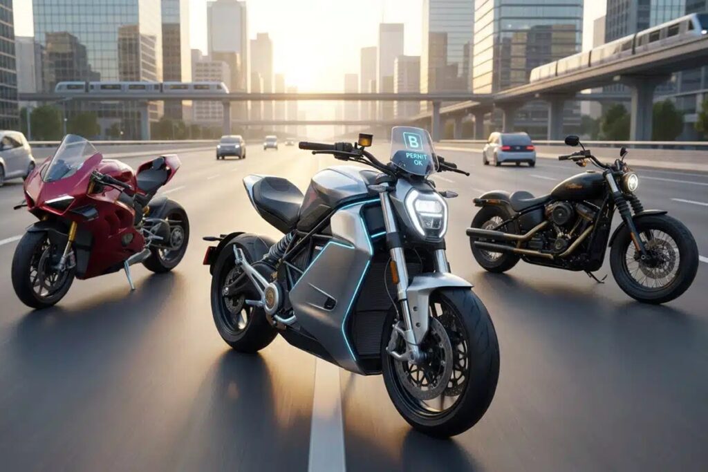 Trois motos modernes sur une autoroute urbaine au coucher du soleil avec des gratte-ciel en arrière-plan.