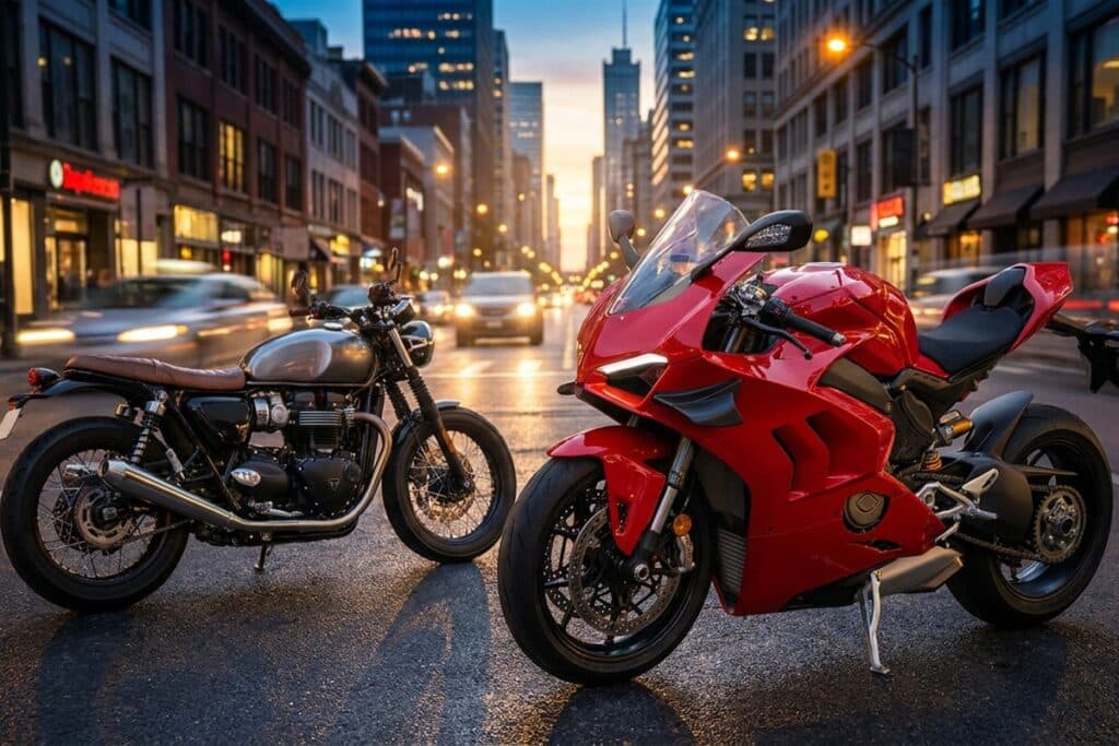 Une Ducati rouge moderne garée à côté d'une moto classique personnalisée sur une avenue urbaine au coucher du soleil.