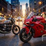 Une Ducati rouge moderne garée à côté d'une moto classique personnalisée sur une avenue urbaine au coucher du soleil.