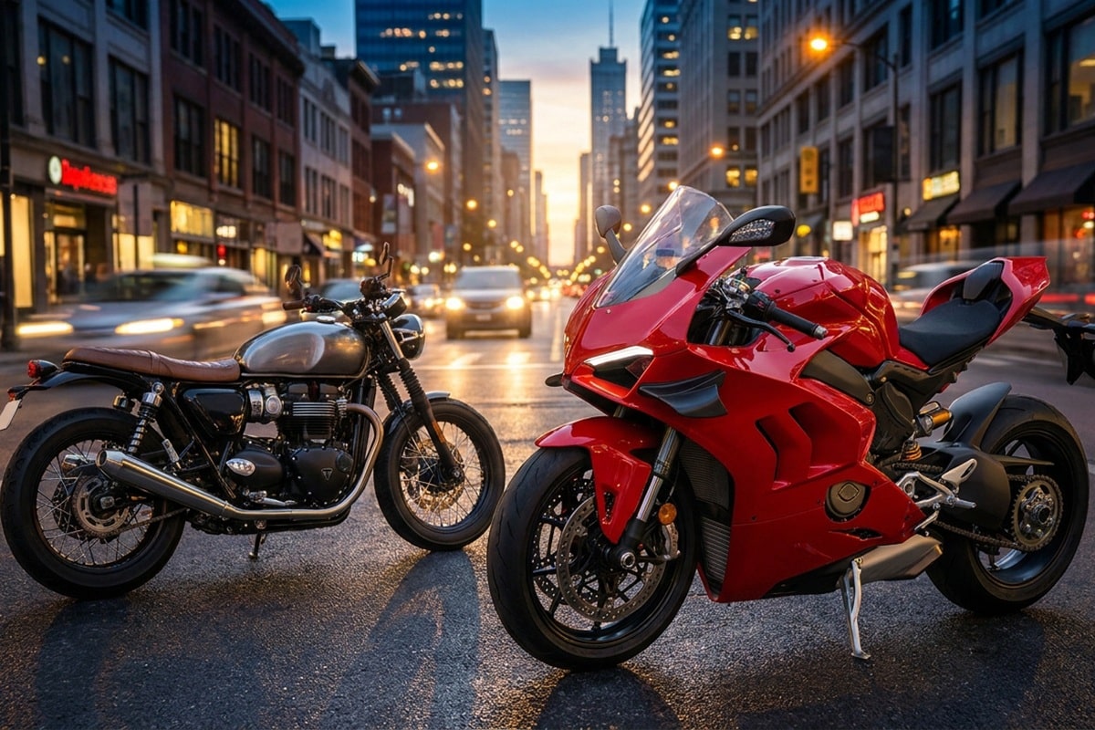 Une Ducati rouge moderne garée à côté d'une moto classique personnalisée sur une avenue urbaine au coucher du soleil.