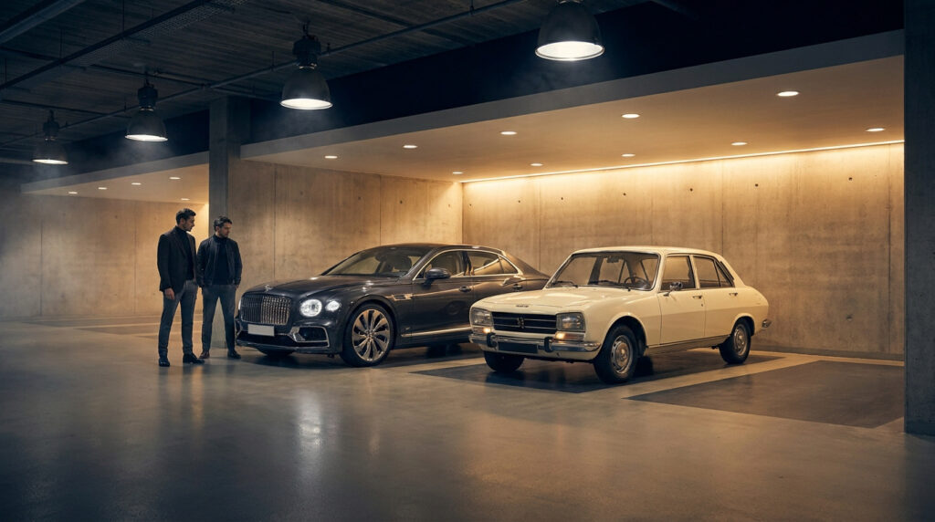 Deux hommes dans un garage moderne devant une Bentley moderne grise et une Peugeot 504 blanche vintage.