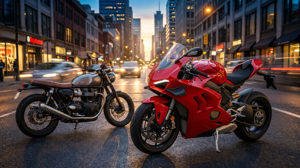 Une Ducati rouge moderne garée à côté d'une moto classique personnalisée sur une avenue urbaine au coucher du soleil.