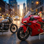 Une Ducati rouge moderne garée à côté d'une moto classique personnalisée sur une avenue urbaine au coucher du soleil.