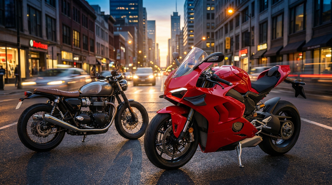 Une Ducati rouge moderne garée à côté d'une moto classique personnalisée sur une avenue urbaine au coucher du soleil.
