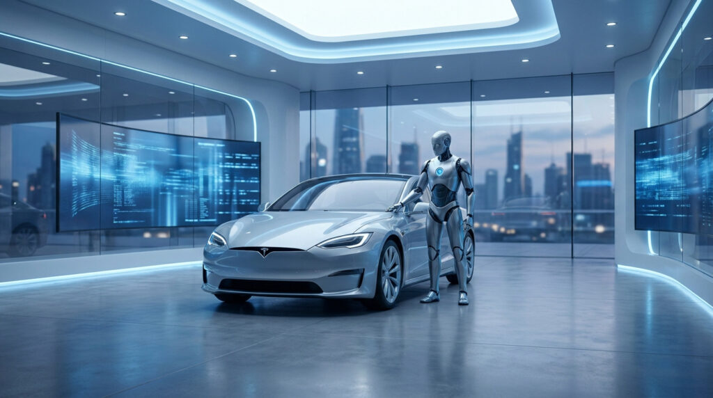 Un robot humanoïde se tient à côté d'une Tesla dans un garage futuriste avec des écrans de données et une ville en fond.