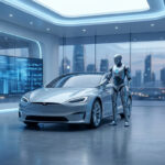 Un robot humanoïde se tient à côté d'une Tesla dans un garage futuriste avec des écrans de données et une ville en fond.