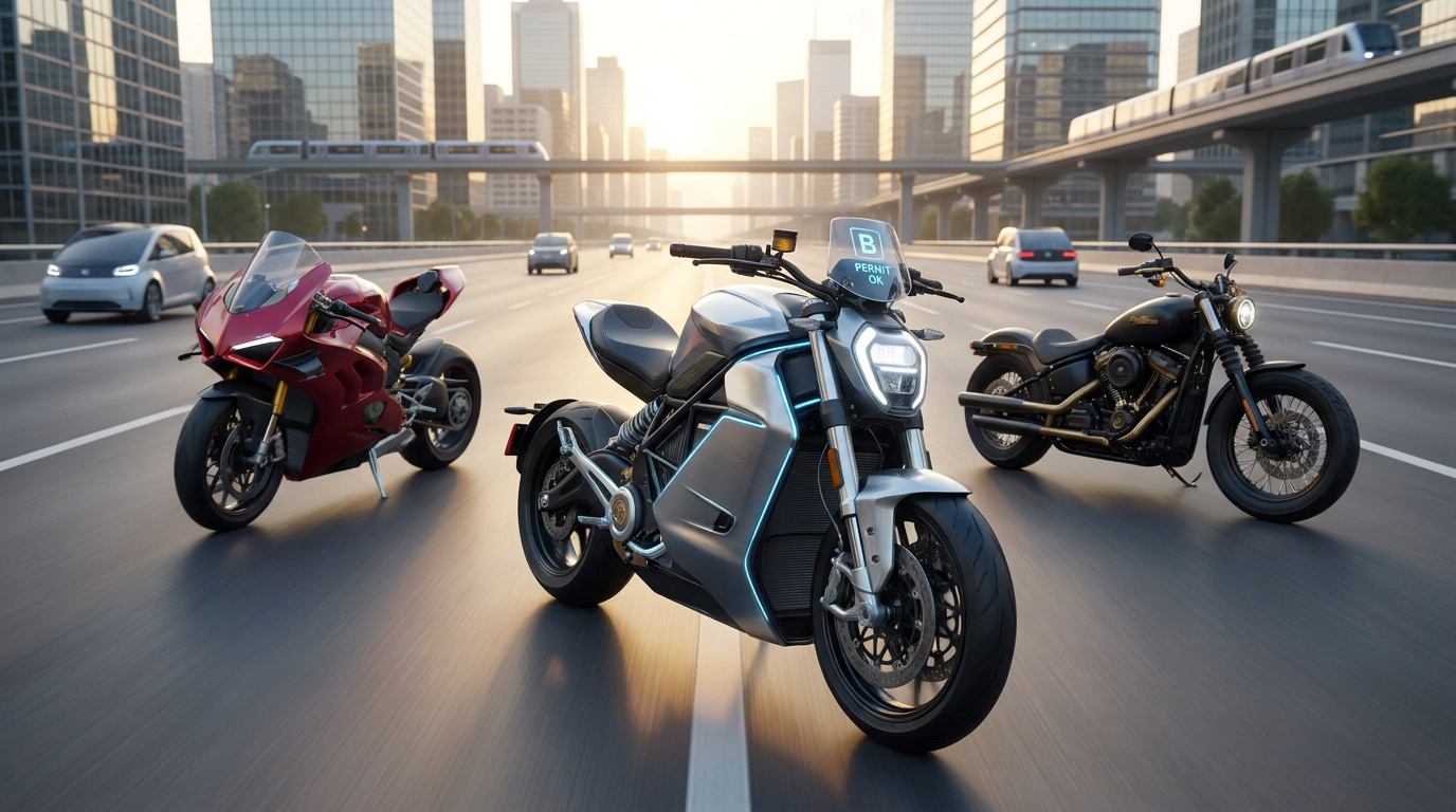 Trois motos modernes circulant sur une autoroute urbaine au coucher du soleil avec des gratte-ciel en arrière-plan.