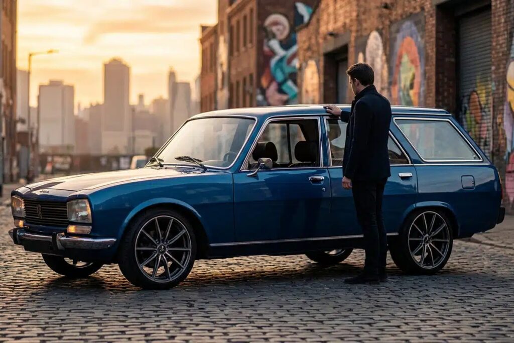 Un homme élégant contemple une Peugeot 504 Break bleue modernisée, garée sur des pavés dans un décor urbain au coucher.