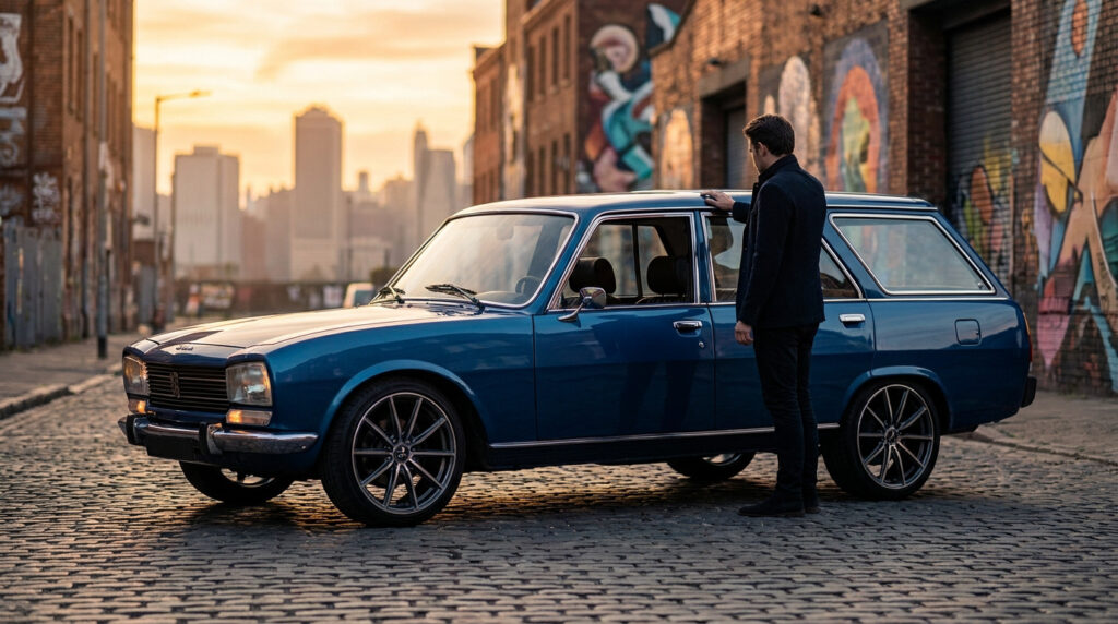 Un homme élégant contemple une Peugeot 504 Break bleue modernisée, garée sur des pavés dans un décor urbain au coucher.