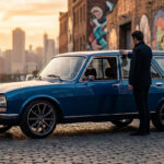 Un homme élégant contemple une Peugeot 504 Break bleue modernisée, garée sur des pavés dans un décor urbain au coucher.