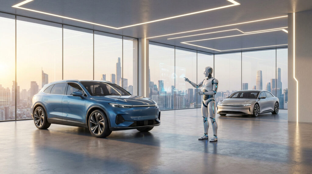 Un robot humanoïde interagit avec une interface numérique dans un garage moderne avec deux voitures électriques.