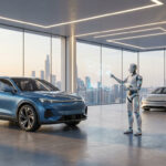 Un robot humanoïde interagit avec une interface numérique dans un garage moderne avec deux voitures électriques.
