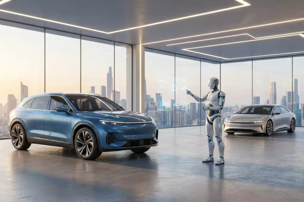 voiture tesla et robot à côté
