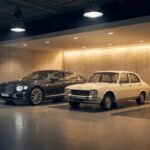 Deux hommes dans un garage moderne devant une Bentley moderne grise et une Peugeot 504 blanche vintage.