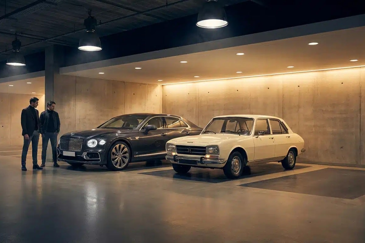 Deux hommes dans un garage moderne devant une Bentley moderne grise et une Peugeot 504 blanche vintage.