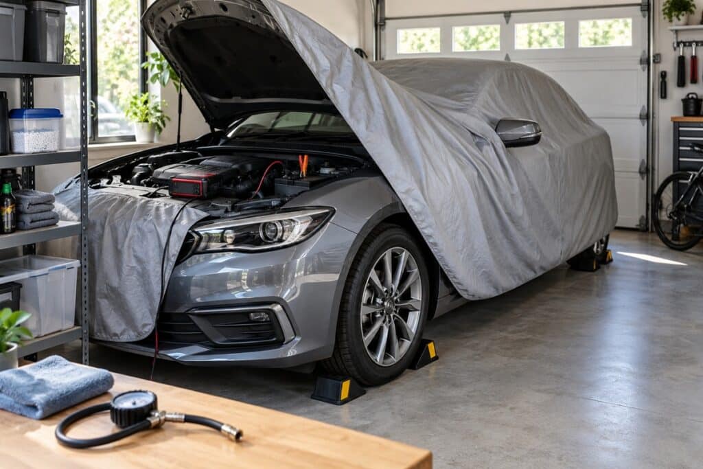 Voiture protégée dans un garage pour une longue immobilisation