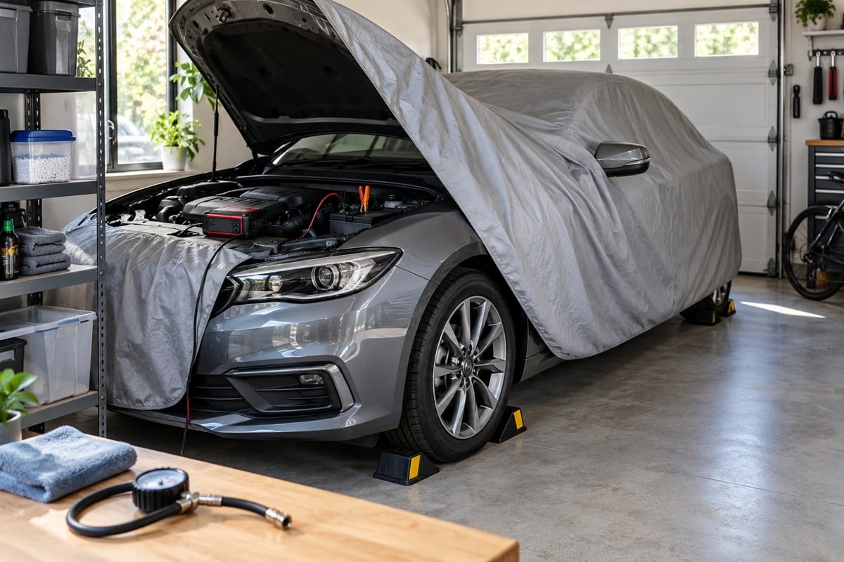 Voiture protégée dans un garage pour une longue immobilisation