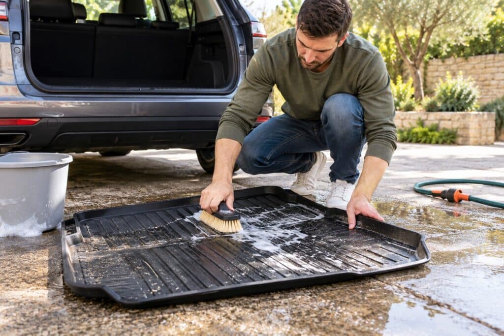 un homme nettoie son tapis de coffre en caoutchouc